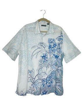 Cubavera Linen Cotton Blend White Blue Floral Short-Sleeve Buttoned Shirt XXL